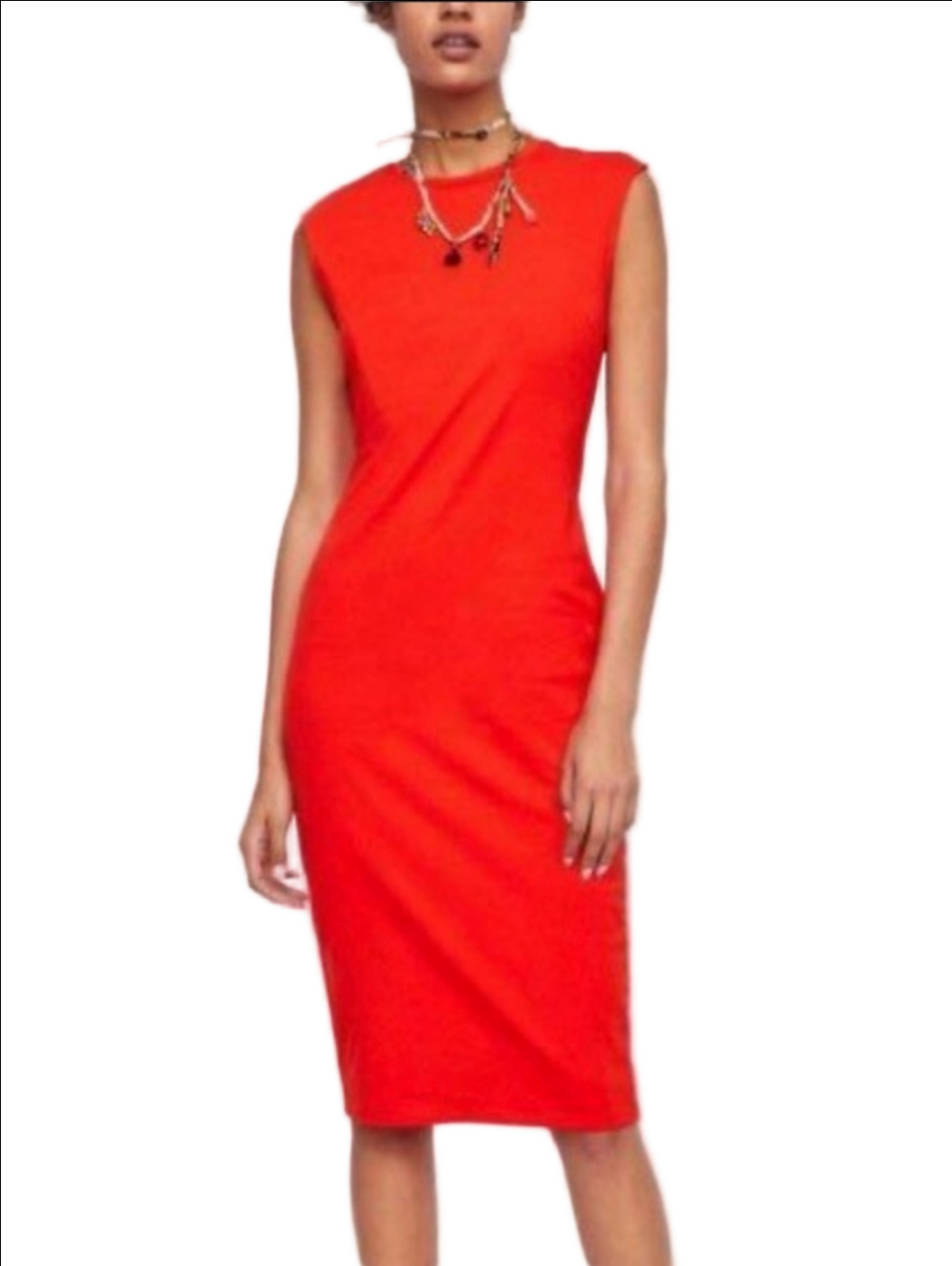 ZARA Tomato red crew neck sleeveless bodycon midi dress